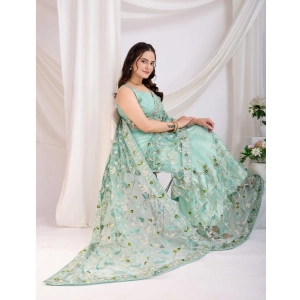 Generic Women's Soft Net Thread Embroidery Saree With Unstitched Blouse 5.5Mtr (Sea Green)