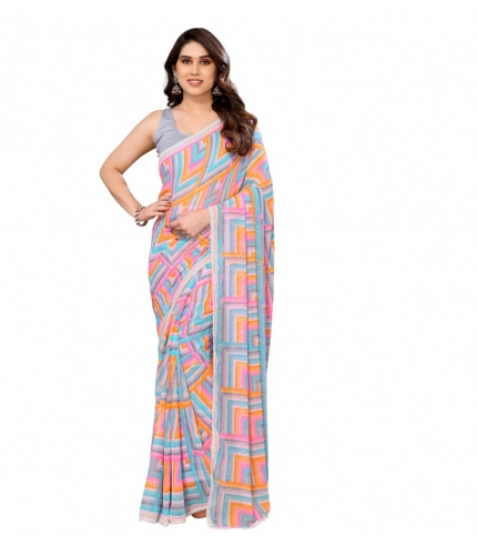 Women's Small Lace Georgette Printed Ready-to-Wear Saree With Unstitched Blouse 5.5 Mtr (Grey)