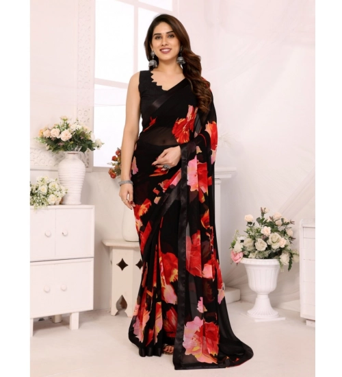 Women's Small Lace Georgette Printed Ready-to-Wear Saree With Unstitched Blouse 5.5 Mtr (Black-Red)