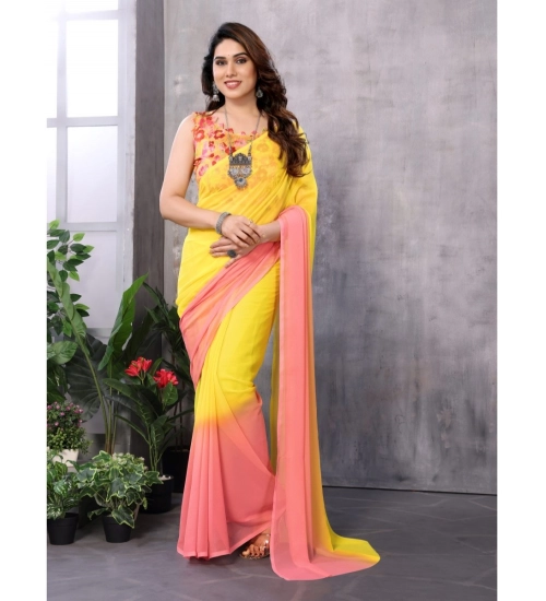 Women's Small Lace Georgette Solid Ready-to-Wear Saree With Unstitched Blouse 5.5 Mtr (Pink-Yellow)