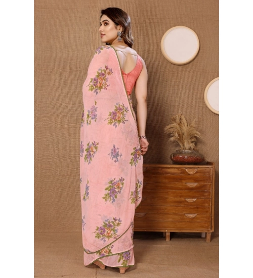 Women's Small Lace Georgette Printed Ready-to-Wear Saree With Unstitched Blouse 5.5 Mtr (Peach)