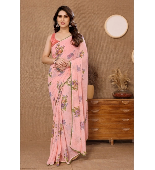 Women's Small Lace Georgette Printed Ready-to-Wear Saree With Unstitched Blouse 5.5 Mtr (Peach)