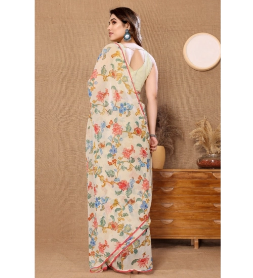 Women's Small Lace Georgette Printed Ready-to-Wear Saree With Unstitched Blouse 5.5 Mtr (Off White)