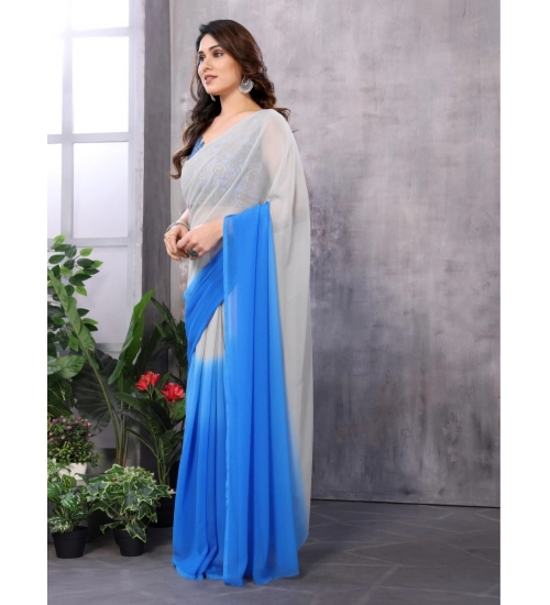 Women's Small Lace Georgette Solid Ready-to-Wear Saree With Unstitched Blouse 5.5 Mtr (Grey-Blue)