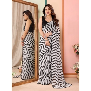 Generic Women's Small Lace Georgette Striped Ready-to-Wear Saree With Unstitched Blouse 5.5 Mtr (Black)