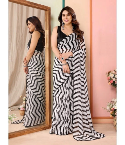 Women's Small Lace Georgette Striped Ready-to-Wear Saree With Unstitched Blouse 5.5 Mtr (Black)