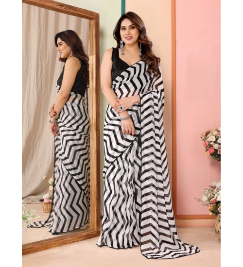 Women's Small Lace Georgette Striped Ready-to-Wear Saree With Unstitched Blouse 5.5 Mtr (Black)