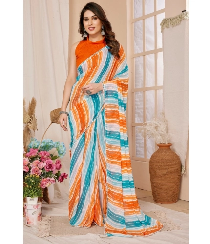 Women's Small Lace Georgette Striped Ready-to-Wear Saree With Unstitched Blouse 5.5 Mtr (Multicolor)