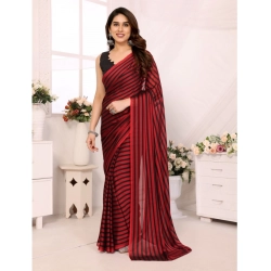 Women's  Black Berry Striped Ready-to-Wear Saree With Unstitched Blouse 5.5 Mtr (Red-Black)