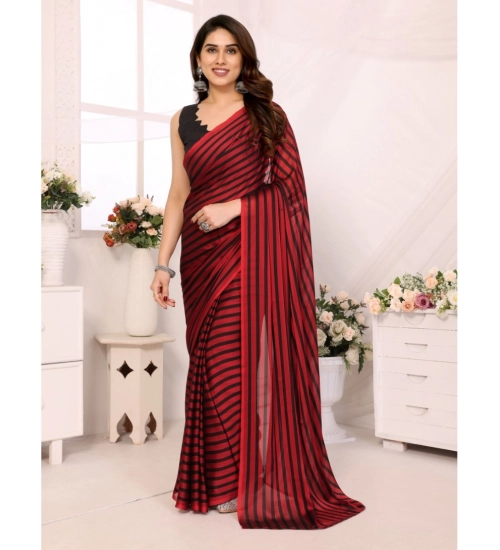 Women's  Black Berry Striped Ready-to-Wear Saree With Unstitched Blouse 5.5 Mtr (Red-Black)