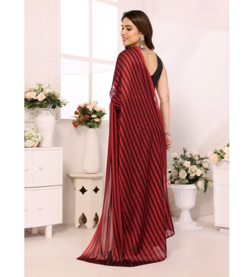 Women's  Black Berry Striped Ready-to-Wear Saree With Unstitched Blouse 5.5 Mtr (Red-Black)