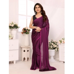Women's  Black Berry Striped Ready-to-Wear Saree With Unstitched Blouse 5.5 Mtr (Purple-Black)