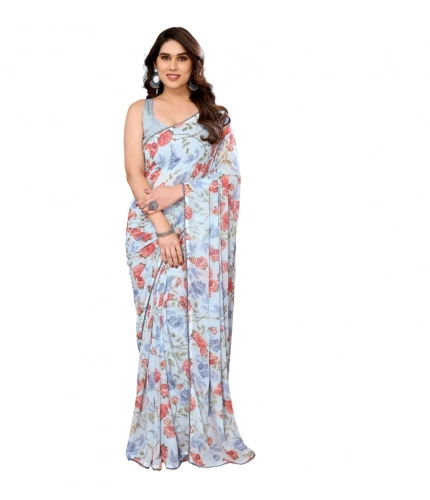 Women's Small Lace Georgette Printed Ready-to-Wear Saree With Unstitched Blouse 5.5 Mtr (Sky Blue)