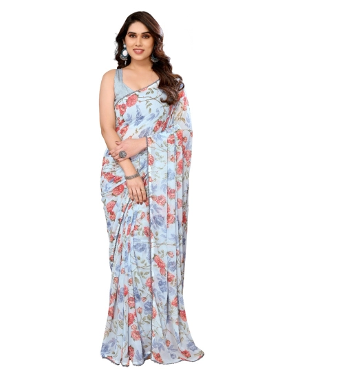 Women's Small Lace Georgette Printed Ready-to-Wear Saree With Unstitched Blouse 5.5 Mtr (Sky Blue)