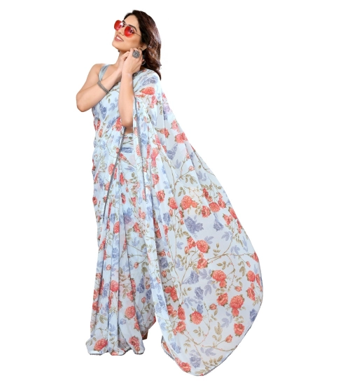 Women's Small Lace Georgette Printed Ready-to-Wear Saree With Unstitched Blouse 5.5 Mtr (Sky Blue)