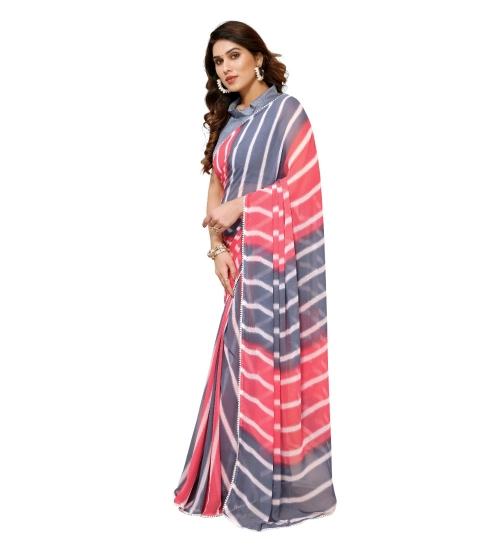 Women's Small Lace Georgette Striped Ready-to-Wear Saree With Unstitched Blouse 5.5 Mtr (Pink)