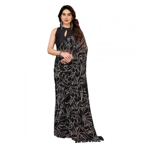 Generic Women's Zalar Lace Georgette Printed Ready-to-Wear Saree With Unstitched Blouse 5.5 Mtr (Black)