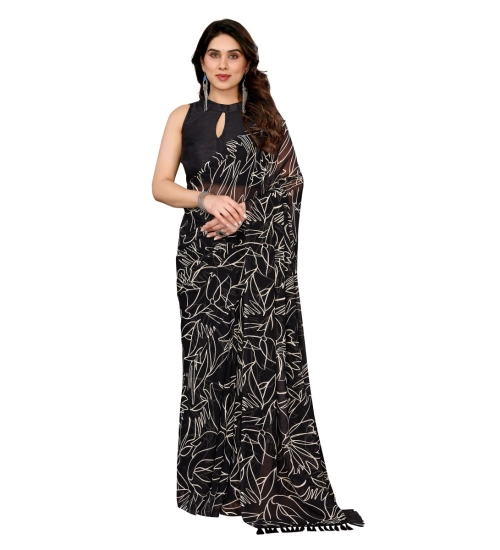 Women's Zalar Lace Georgette Printed Ready-to-Wear Saree With Unstitched Blouse 5.5 Mtr (Black)