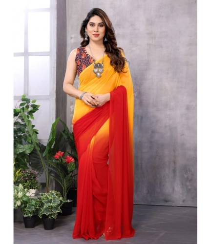 Women's Small Lace Georgette Solid Ready-to-Wear Saree With Unstitched Blouse 5.5 Mtr (Red-Orange)