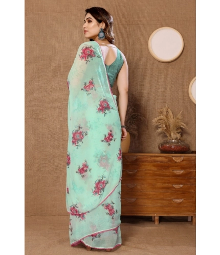 Women's Small Lace Georgette Printed Ready-to-Wear Saree With Unstitched Blouse 5.5 Mtr (Turquoise) Women's Small Lace Georgette Printed Ready-to-Wear Saree With Unstitched Blouse 5.5 Mtr (Turquoise)