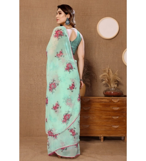 Women's Small Lace Georgette Printed Ready-to-Wear Saree With Unstitched Blouse 5.5 Mtr (Turquoise)