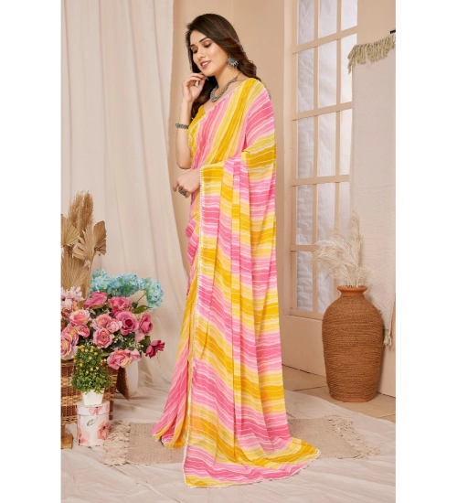 Women's Small Lace Georgette Striped Ready-to-Wear Saree With Unstitched Blouse 5.5 Mtr (Yellow-Pink)