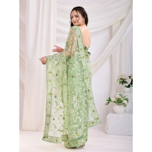 Generic Women's Soft Net Thread Embroidery Saree With Unstitched Blouse 5.5Mtr (Pista)