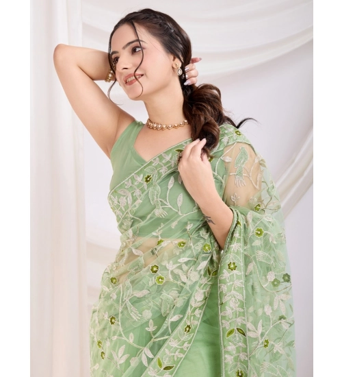 Women's Soft Net Thread Embroidery Saree With Unstitched Blouse 5.5Mtr (Pista) Women's Soft Net Thread Embroidery Saree With Unstitched Blouse 5.5Mtr (Pista)