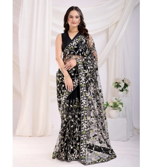 Women's Soft Net Thread Embroidery Saree With Unstitched Blouse 5.5Mtr (Black)