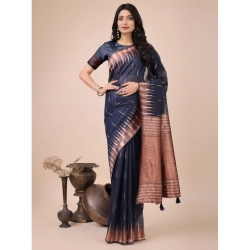 Women's Linen Cotton Wevon Jacquard Saree With Unstitched Blouse 5.5Mtr (Navy Blue)