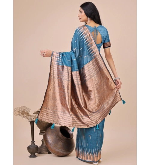 Women's Linen Cotton Wevon Jacquard Saree With Unstitched Blouse 5.5Mtr (Blue) Women's Linen Cotton Wevon Jacquard Saree With Unstitched Blouse 5.5Mtr (Blue)