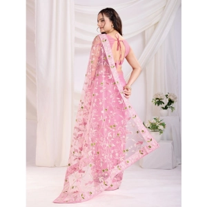 Generic Women's Soft Net Thread Embroidery Saree With Unstitched Blouse 5.5Mtr (Pink)