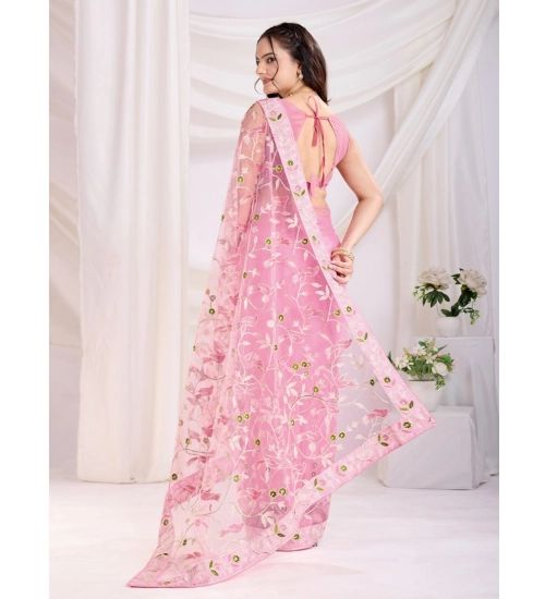 Women's Soft Net Thread Embroidery Saree With Unstitched Blouse 5.5Mtr (Pink) Women's Soft Net Thread Embroidery Saree With Unstitched Blouse 5.5Mtr (Pink)