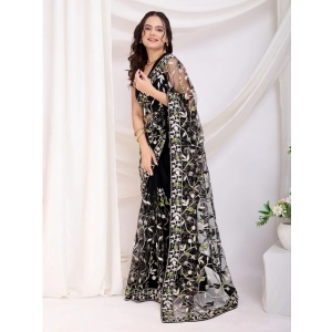 Generic Women's Soft Net Thread Embroidery Saree With Unstitched Blouse 5.5Mtr (Black)