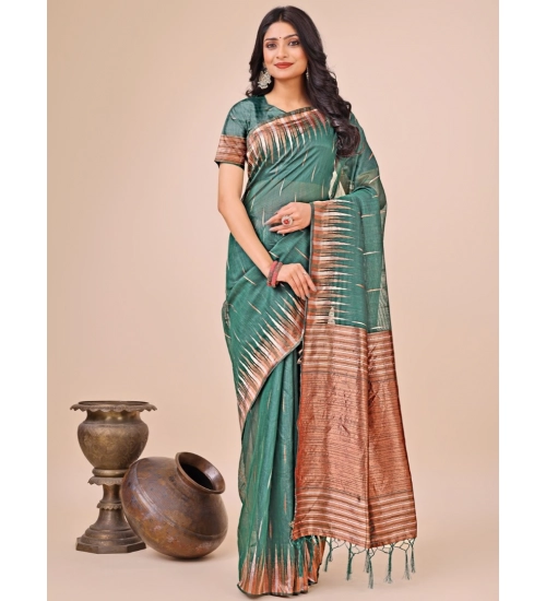 Women's Linen Cotton Wevon Jacquard Saree With Unstitched Blouse 5.5Mtr (Green)