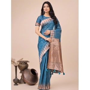 Generic Women's Linen Cotton Wevon Jacquard Saree With Unstitched Blouse 5.5Mtr (Blue)