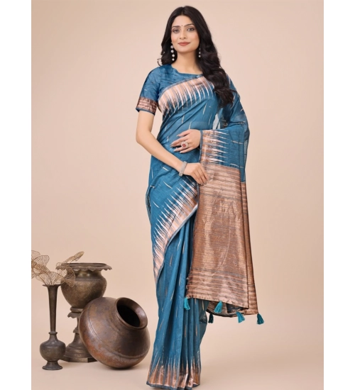 Women's Linen Cotton Wevon Jacquard Saree With Unstitched Blouse 5.5Mtr (Blue)