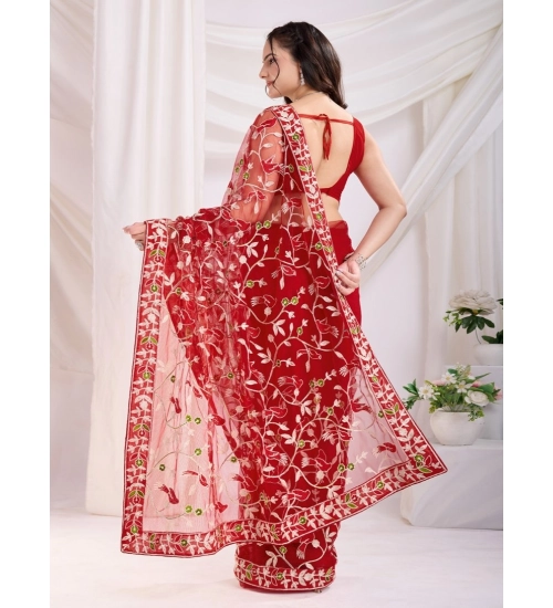 Women's Soft Net Thread Embroidery Saree With Unstitched Blouse 5.5Mtr (Maroon) Women's Soft Net Thread Embroidery Saree With Unstitched Blouse 5.5Mtr (Maroon)