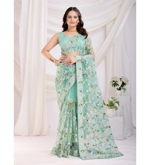 Women's Soft Net Thread Embroidery Saree With Unstitched Blouse 5.5Mtr (Sea Green)