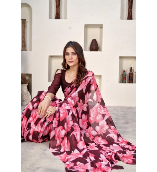 Women's Polyster Printed Saree With Unstitched Blouse 5.5Mtr (Wine)