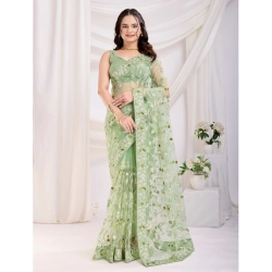Women's Soft Net Thread Embroidery Saree With Unstitched Blouse 5.5Mtr (Pista)