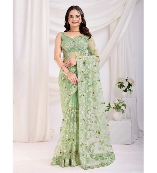Women's Soft Net Thread Embroidery Saree With Unstitched Blouse 5.5Mtr (Pista)