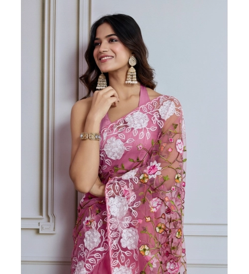 Women's Soft Net Thread Embroidery Saree With Unstitched Blouse 5.5Mtr (Light Pink) Women's Soft Net Thread Embroidery Saree With Unstitched Blouse 5.5Mtr (Light Pink)