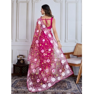 Generic Women's Soft Net Thread Embroidery Saree With Unstitched Blouse 5.5Mtr (Dark Pink)