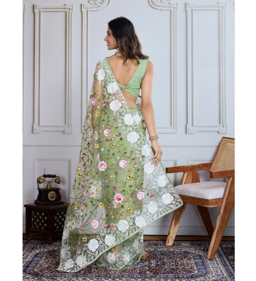 Women's Soft Net Thread Embroidery Saree With Unstitched Blouse 5.5Mtr (Pista) Women's Soft Net Thread Embroidery Saree With Unstitched Blouse 5.5Mtr (Pista)