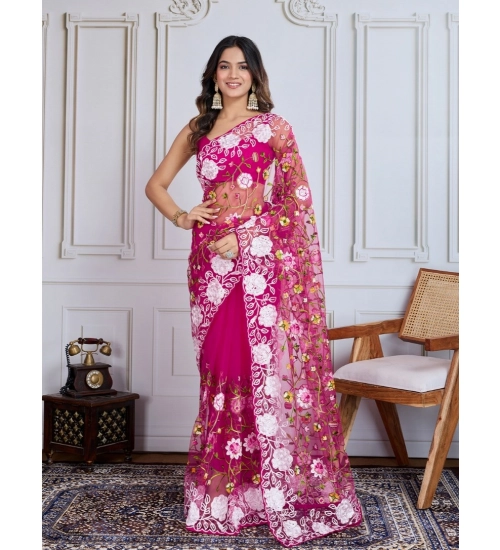 Women's Soft Net Thread Embroidery Saree With Unstitched Blouse 5.5Mtr (Dark Pink)