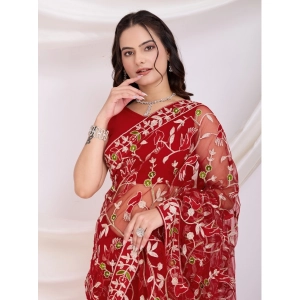 Generic Women's Soft Net Thread Embroidery Saree With Unstitched Blouse 5.5Mtr (Maroon)