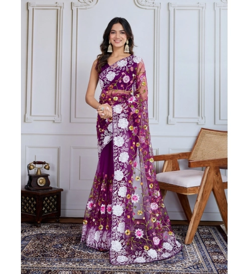 Women's Soft Net Thread Embroidery Saree With Unstitched Blouse 5.5Mtr (Purple)