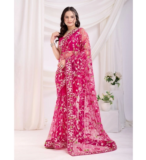 Women's Soft Net Thread Embroidery Saree With Unstitched Blouse 5.5Mtr (Dark Pink)