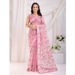 Women's Soft Net Thread Embroidery Saree With Unstitched Blouse 5.5Mtr (Pink)